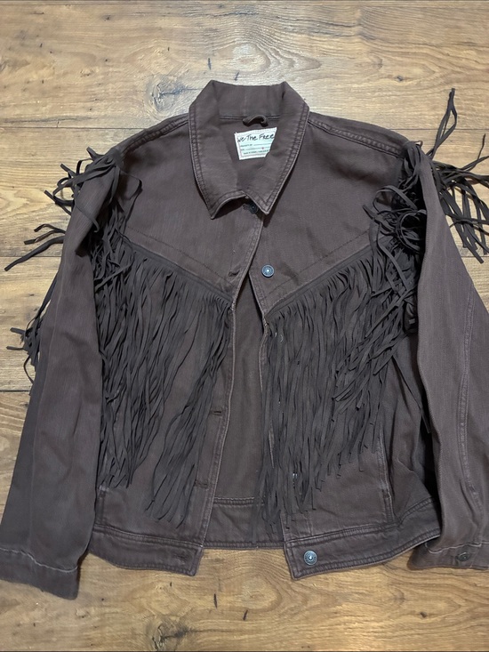 Free People Jackets & Blazers - Free People We The Free After Hours brown fringe denim jacket Size M